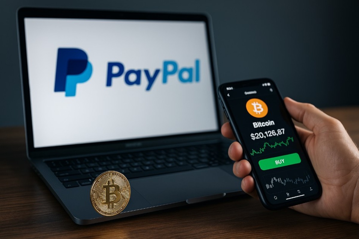 Imagem de uma pessoa comprando criptomoeda pelo celular com a imagem do PayPal na tela computador