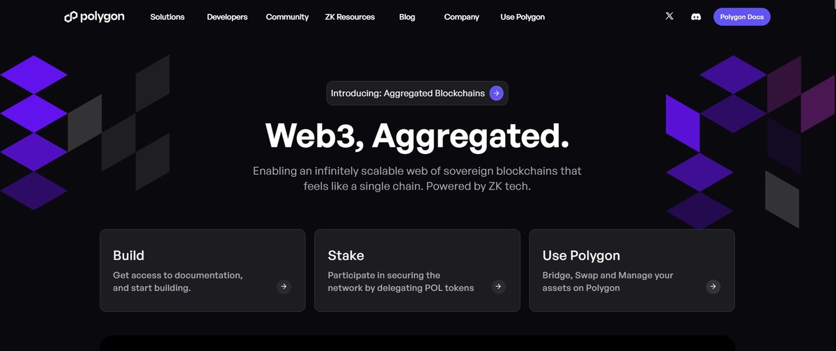 carteira Polygon, destacando Web3 e blockchains agregadas, com foco na escalabilidade e tecnologia ZK. Plataforma para construção e gerenciamento de ativos.