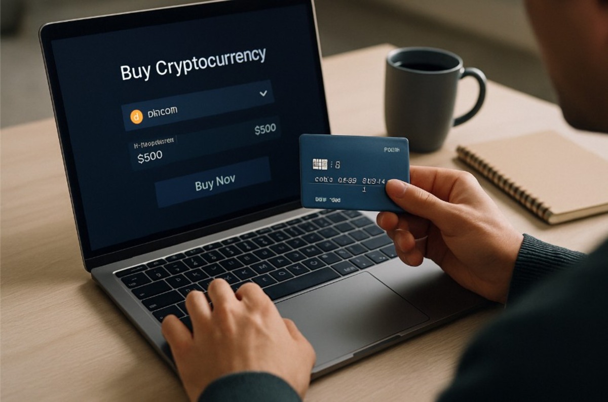 Imagem de um cartão de crédito com ícones de criptomoedas, simbolizando a compra de criptomoedas com cartão