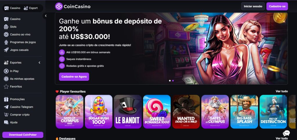 Tela da pagina inicial do CoinCasino divulgando o bonus de deposito, menu e principais jogos