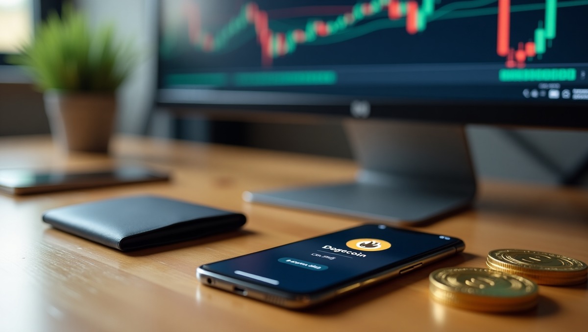 Imagem de um smartphone exibindo o aplicativo Dogecoin enquanto uma tela de monitor mostra gráficos financeiros, destacando tendências de criptomoedas em uma mesa de trabalho.