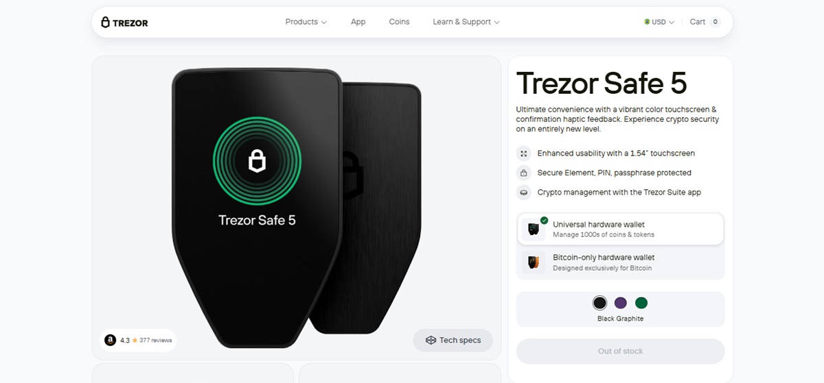 A Trezor Safe 5 é uma carteira Dogecoin recomendada para usuários experientes