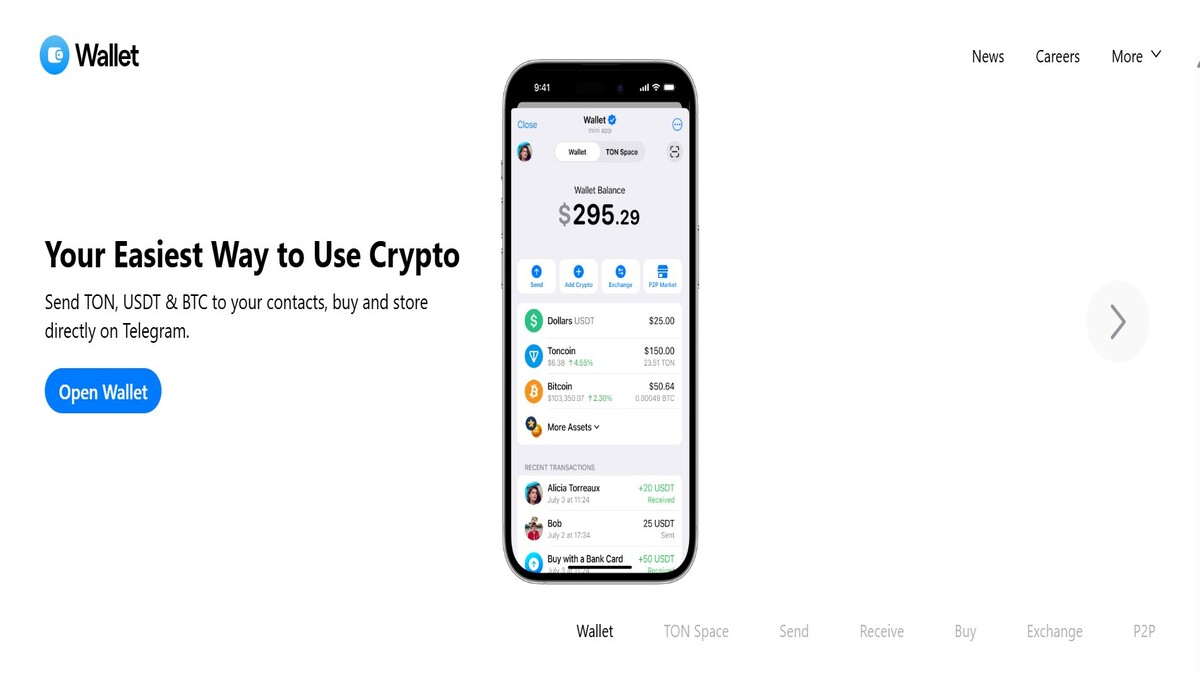 Homepage da Wallet.tg, carteira diretamente integrada ao Telegram