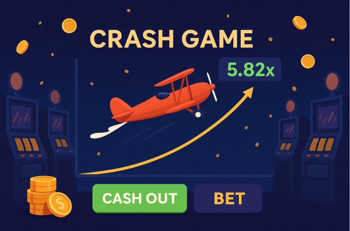 Ilustração do jogo Crash Game com um avião vermelho, moedas, e botões de aposta e retirada, mostrando uma parcela de 5.82x.