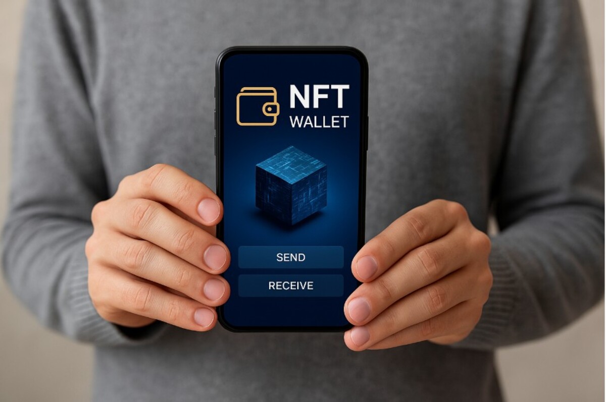 Imagem de um smartphone mostrando uma carteira NFT, com opções para enviar e receber ativos digitais. Essa ferramenta é essencial para gerenciamento de NFTs.