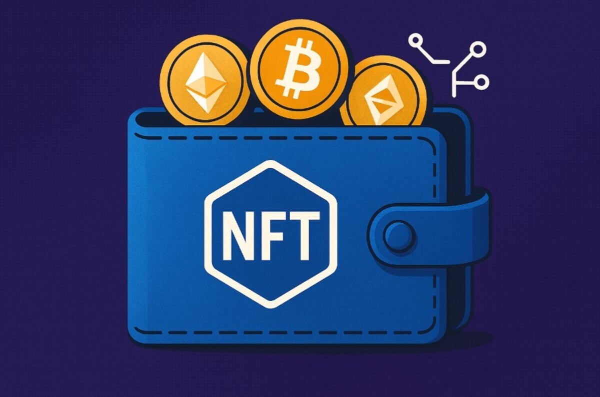 Imagem ilustrativa de uma carteira digital com símbolos de criptomoedas como Bitcoin e Ethereum, destacando NFTs de forma criativa. Ideal para entender o mundo dos ativos digitais.