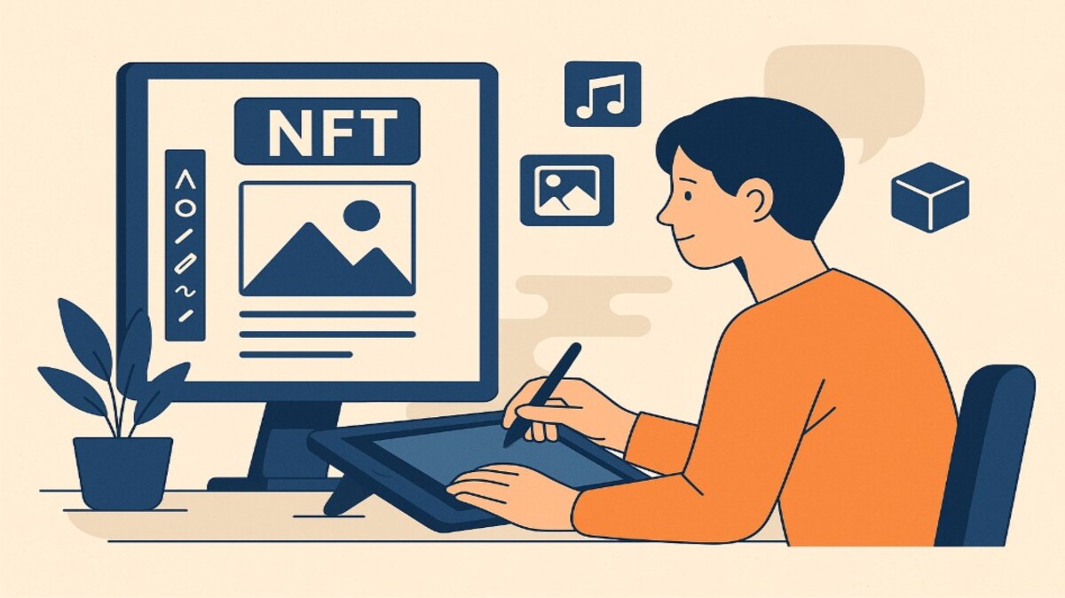 Ilustração de um artista digital criando um NFT em frente a um computador, com elementos gráficos como imagens e ícones ao redor.