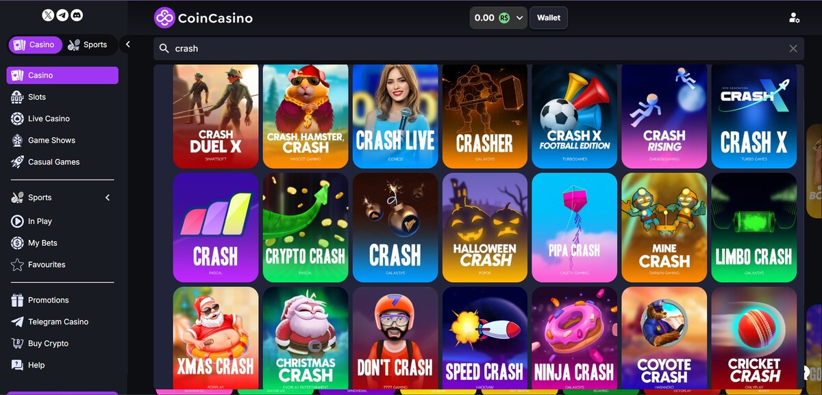 No CoinCasino é possível apostar na interface do Telegram, incluindo crash games