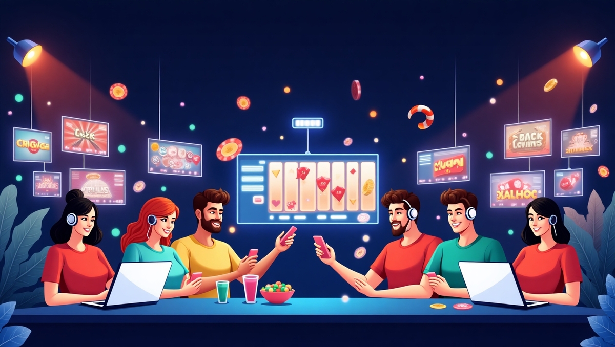 Grupo de amigos jogando slots online em um ambiente animado, com computadores e bebidas. A cena destaca a diversão e o entretenimento dos jogos.