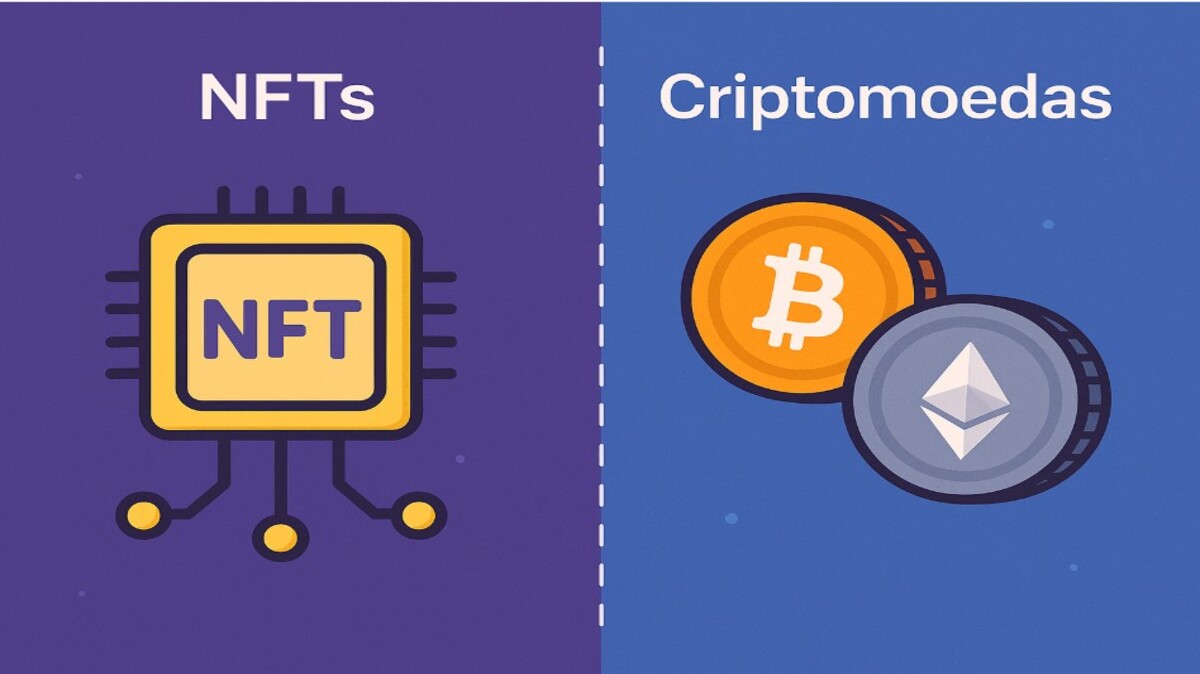 Imagem ilustrativa sobre NFTs e criptomoedas, destacando a importância e a relação entre esses ativos digitais no mercado atual.