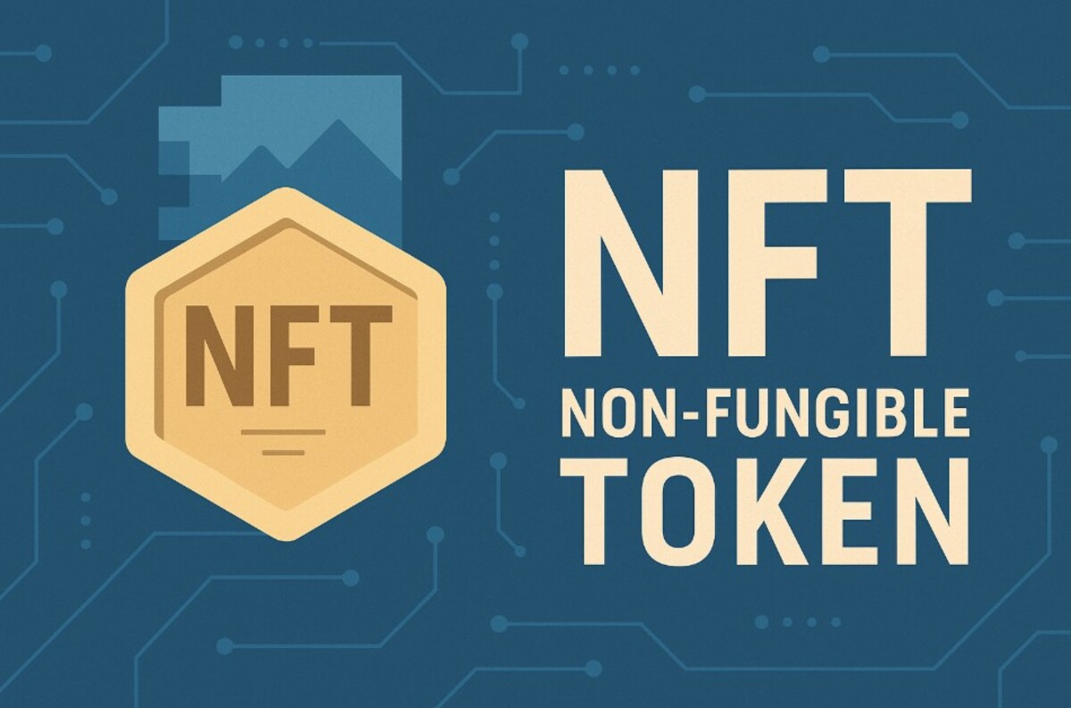 Imagem ilustrativa de um NFT (Non-Fungible Token) com o logotipo em destaque. Os NFTs são ativos digitais exclusivos que revolucionam o mercado de arte e colecionáveis.