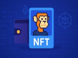 Imagem de um NFT colorido com um macaco em estilo pixelado, destacando a palavra NFT e um portfólio ao fundo, representando o mundo digital dos ativos não fungíveis.