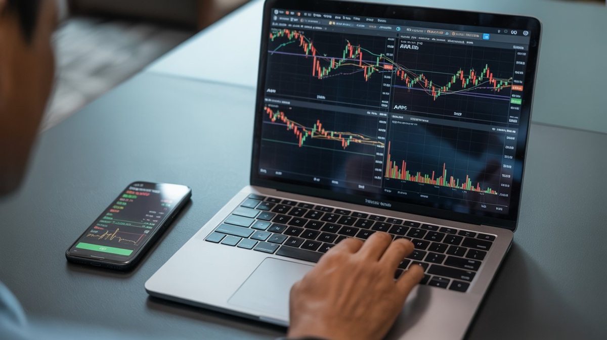 Exemplo de tela de trading com gráficos e indicadores