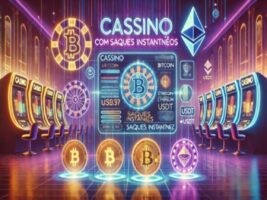 Imagem de um cassino digital moderno apresentando criptomoedas como Bitcoin e Ethereum, destacando saques instantâneos e máquinas de jogos.