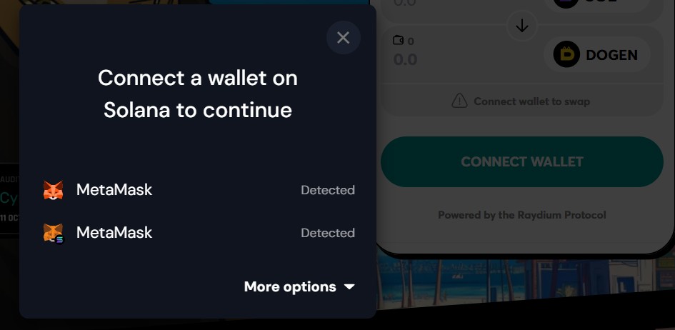 Tela para conectar carteira digital e comprar Dogen token
