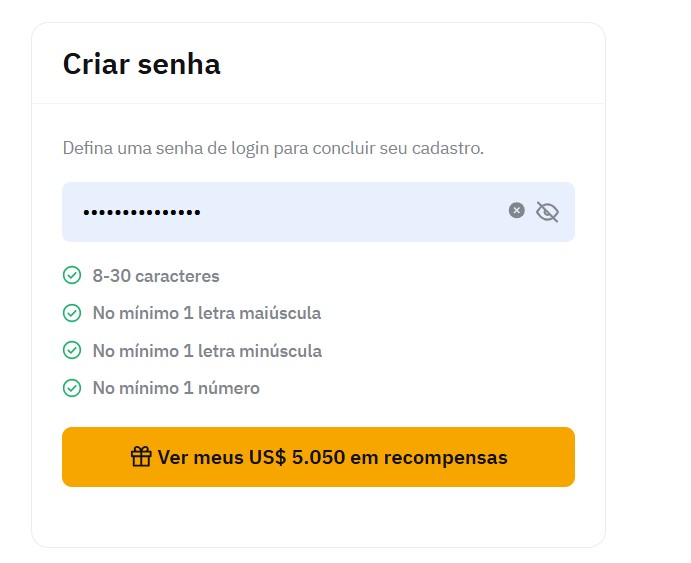 É preciso criar uma senha forte e confiável para a conta na Bybit