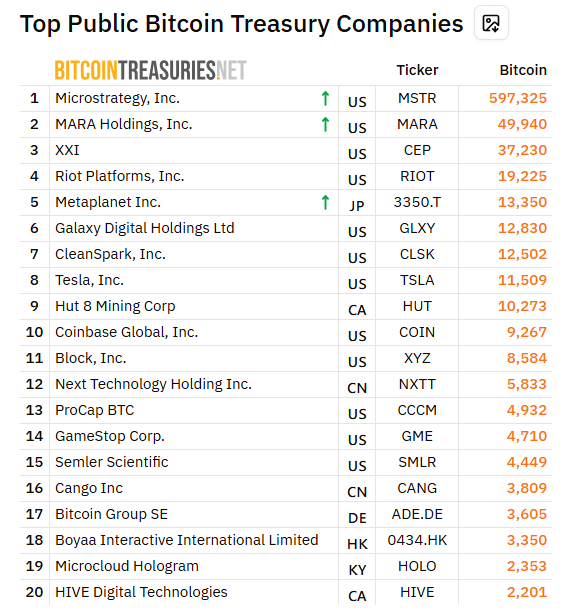 Empresas que mais possuem Bitcoin. Fonte: Bitcoin Treasuries