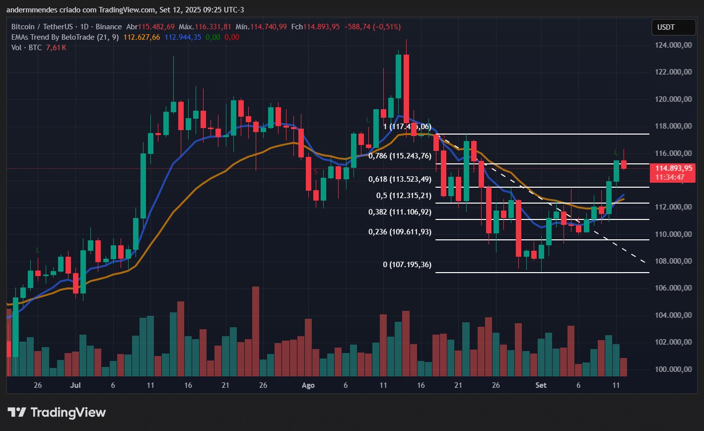 BTC dispara acima de US$ 116.000 – Bitcoin hoje (12/09) - 99Bitcoins Brasil