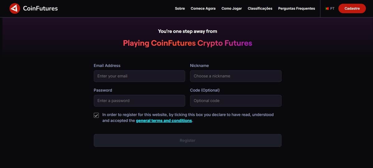 Tela para abrir conta na Coinfutures
