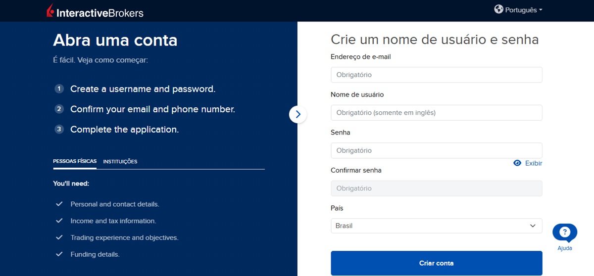 Formulário inicial para se cadastrar na Interactive Brokers