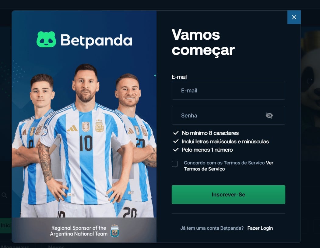 Tela de cadastro no Betpanda