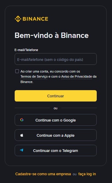 Opções de cadastro na exchange