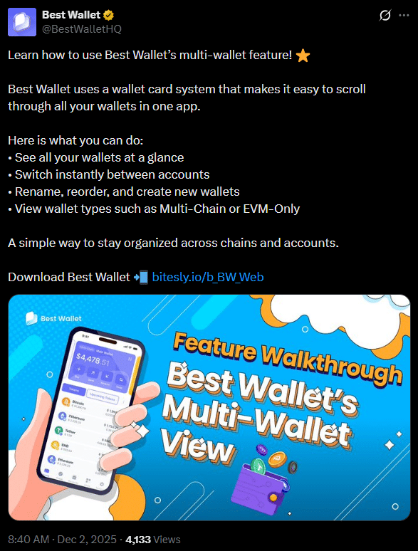 Tweet com demonstração da funcionalidade multi-wallet da Best Wallet em smartphone, mostrando gerenciamento de múltiplas carteiras digitais em um único aplicativo com interface intuitiva.