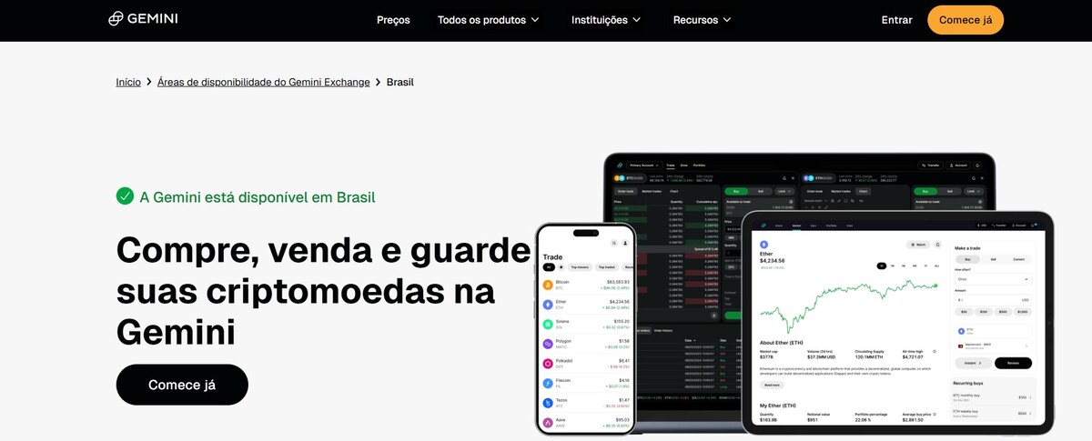 A Gemini é uma exchange regulada de criptomoedas que oferece corretagem, trading spot e produtos adicionais do ecossistema cripto.