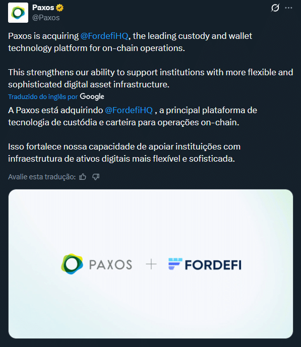 Paxos compra startup Fordefi por mais de US$ 100 milhões e mira custódia institucional de cripto