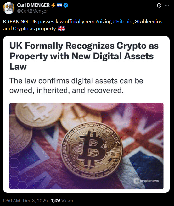Tweet sobre reconhecimento formal de criptomoedas como propriedade pela lei britânica de 2025