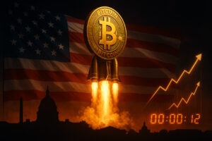 Bitcoin-Rakete vor US-Flagge mit Countdown-Timer, steigenden Kursdiagrammen und Silhouetten von Regierungsgebäuden – Symbol für das geopolitische Wettrennen um digitale Dominanz im Krypto-Markt.