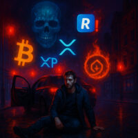 Dramatische Szene mit Krypto-Symbolen, Fake-Taxi und gehackter Wallet – zeigt Gefahren des Krypto-Diebstahls 2025 in fotorealistischem Stil