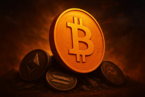Digitales Bild mit Bitcoin-Symbol, Marktgrafen und Logos von Ethereum, Solana und Dogecoin, das Bitcoins Dominanz im Krypto-Markt visualisiert.
