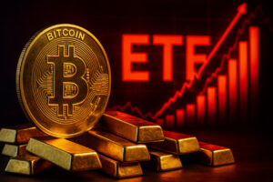Bitcoin Symbol vor fallenden Goldbarren und steigenden Diagramm-Kurven, mit ETF-Schriftzug im Hintergrund – Symbolbild für den Boom von Bitcoin ETFs und die sinkende Relevanz von Gold.
