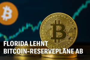 Fotorealistisches Bild von glänzenden Bitcoin-Münzen mit dramatischer Kursgrafik im Hintergrund – Symbolbild für politische Bitcoin-Entscheidungen in den USA
