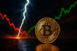 Dramatisches Bild eines goldenen Bitcoin mit volatilen Kurslinien im Hintergrund, symbolisiert die Unsicherheit und Dynamik des Kryptomarktes im Mai 2025.
