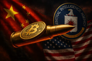 Illustration zeigt ein zentrales Bitcoin-Symbol umgeben von Technologie-, Finanz- und Sicherheits-Symbolen, auf globaler Karte – symbolisiert die geopolitische Bedeutung von Bitcoin