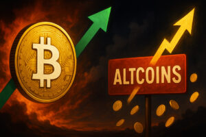Fotorealistische Darstellung von Bitcoin auf Rakete vor dramatischem Himmel mit Ethereum und Solana im Hintergrund – Symbol für den Krypto-Boom 2025.