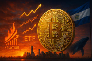Fotorealistische Darstellung eines dramatischen Bitcoin-Aufschwungs mit ETF-Diagrammen, El Salvador-Flagge und Symbolen für Inflation und institutionelle Investoren.