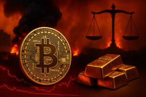Fotorealistische Darstellung von Bitcoin-Münze vor geopolitischem Hintergrund, Fed-Entscheidung und Strike-Kreditplattform als Symbolbild für Marktunsicherheiten und neue Krypto-Chancen.