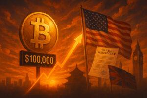 Fotorealistisches Bild von Bitcoin mit 100.000-Dollar-Marke, US-Flagge, Handelsdokumenten und globalen Symbolen – stellt geopolitischen Einfluss auf die Bitcoin-Rallye dar.
