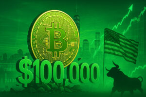 Bitcoin durchbricht 100.000 US-Dollar-Marke – dramatisches Symbolbild mit Charts, US-Flagge und Finanzmotiven im Hintergrund.