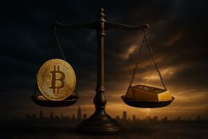 Bitcoin und Gold im Vergleich auf einer Waage vor dramatischer Skyline