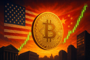 Fotorealistisches Bild eines goldenen Bitcoins vor Kursdiagrammen und den Flaggen der USA und Chinas, das die steigende Akzeptanz von Bitcoin und die positiven Auswirkungen geopolitischer Entwicklungen auf den Krypto-Markt zeigt