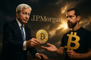 Fotorealistisches Bild mit Jamie Dimon und Jack Dorsey als Symbolfiguren einer Bitcoin-Wende, dramatisch beleuchtet mit JP Morgan und Bitcoin-Symbolen im Hintergrund.