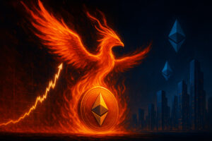 Dramatisches Bild eines brennenden Ethereum-Phönix mit Kurs-Chart und Stadt im Hintergrund – Symbol für den Aufstieg von ETH 2025