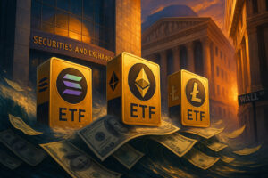 Altcoin ETFs und Dramatisches Bild von Solana-, Ethereum- und Litecoin-Logos in ETF-Schachteln vor dem Hintergrund der US-Börsenaufsicht, inspiriert vom ETF-Boom 2025.