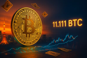 Fotorealistisches Bild von Metaplanet's Bitcoin-Kauf mit 11.111 BTC – dramatische Skyline von Tokio, goldener Bitcoin und Börsencharts in kräftigen Farben.