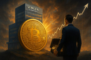 Dramatische Darstellung von Semler Scientifics Strategie zur massiven Bitcoin-Investition bis 2027 im fotorealistischen Stil.