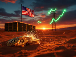 Fotorealistisches Bitcoin-Mining-Rechenzentrum mit US-Flagge, Bitcoin-Münzen und leuchtendem Kursdiagramm im Sonnenuntergang – symbolisiert den Aufschwung der Branche.